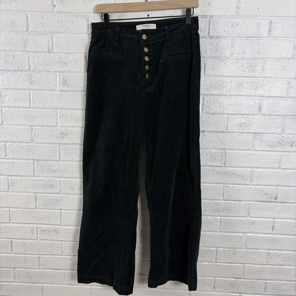 Oraije Paris Corduroy Pants Size L Green High Rise Button Front Wide Leg Stretch